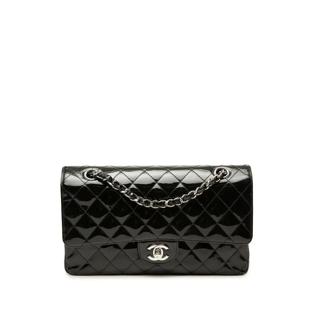Chanel Medium Classic Patent Double Flap Black Leather Good - Front View