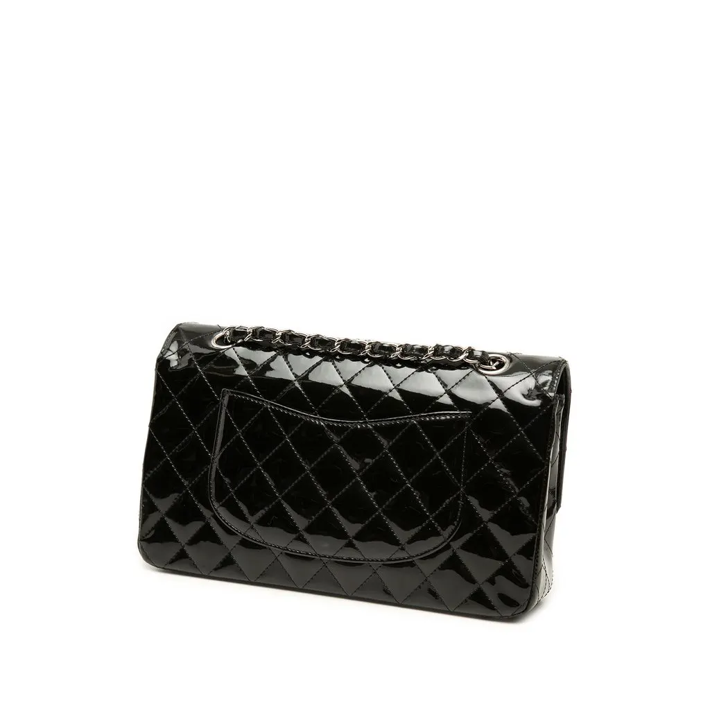 Chanel Medium Classic Patent Double Flap Black Leather Good - Back View