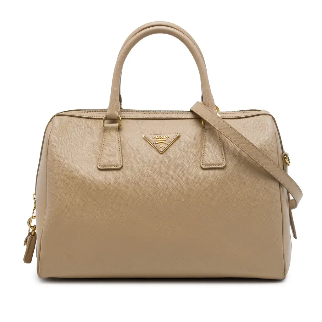 Prada Saffiano Lux Convertible Bowler Bag Beige Leather Good - Front View