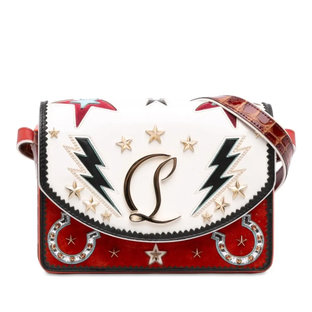 Christian Louboutin Small Croc Embossed Trimmed Crystal Embellished Leather Loubi54 Giddy Crossbody White Leather Very good - Front View