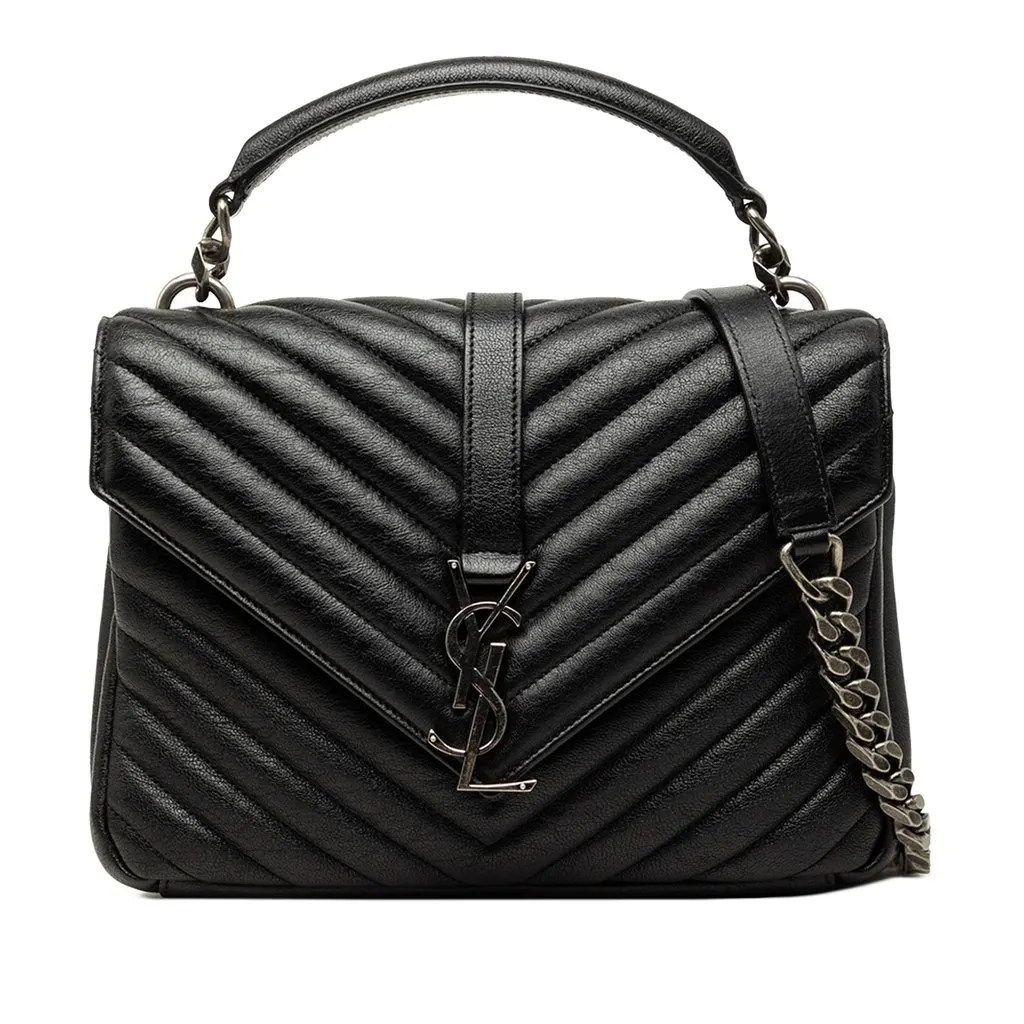 Saint Laurent Medium Chevron Sheepskin Monogram College Satchel Black Leather Very good - Front View