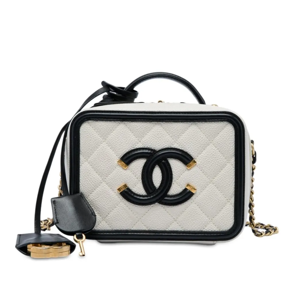 Chanel Small Caviar CC Filigree Vanity Case White Leather Very good - Front View