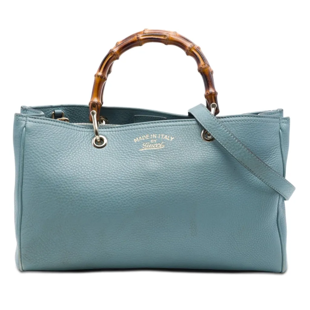Gucci Medium Calfskin Bamboo Shopper Satchel Blue Leather Very good - Front View