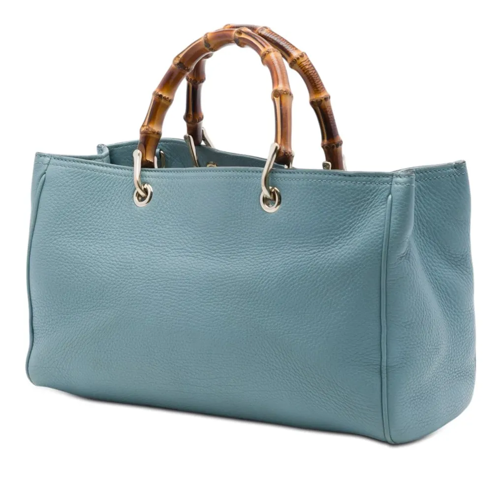 Gucci Medium Calfskin Bamboo Shopper Satchel Blue Leather Very good - Back View