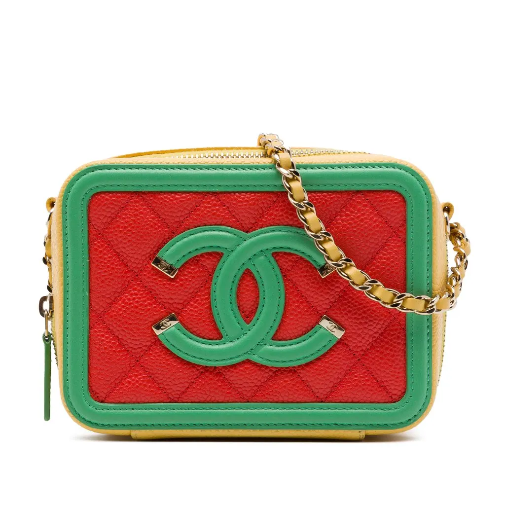 Chanel Mini Tricolor Caviar CC Filigree Vanity Case Orange Leather Very good - Front View