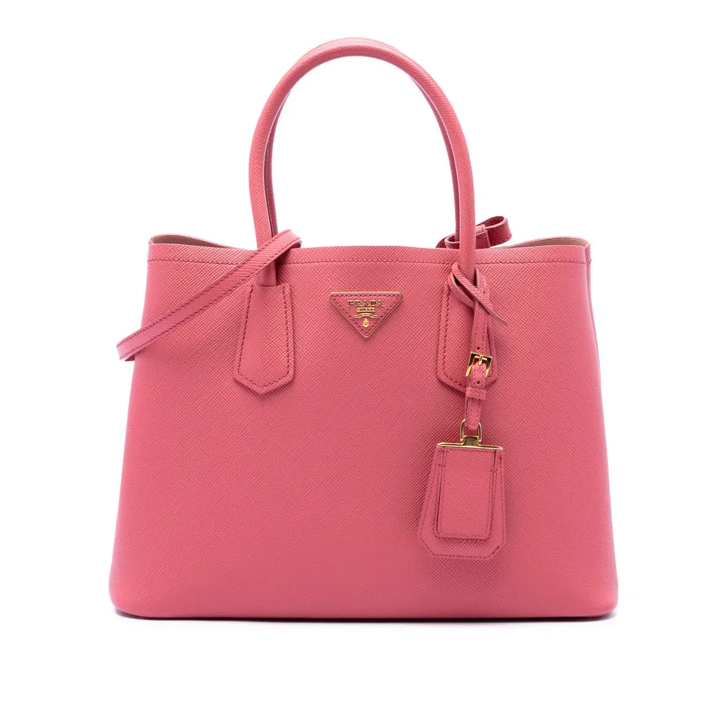Prada Medium Saffiano Cuir Double Satchel Pink Leather Good - Front View