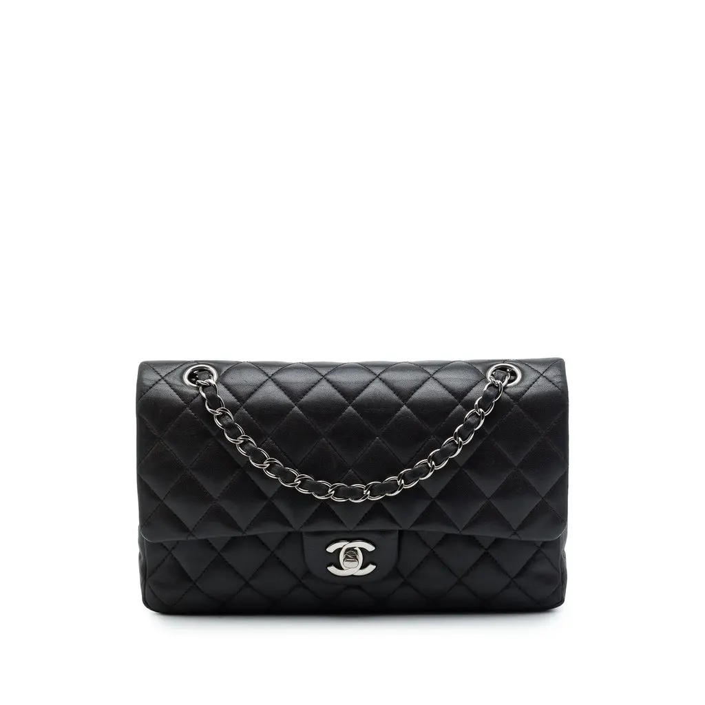 Chanel Medium Classic Lambskin Double Flap Black Leather Very good - Front View