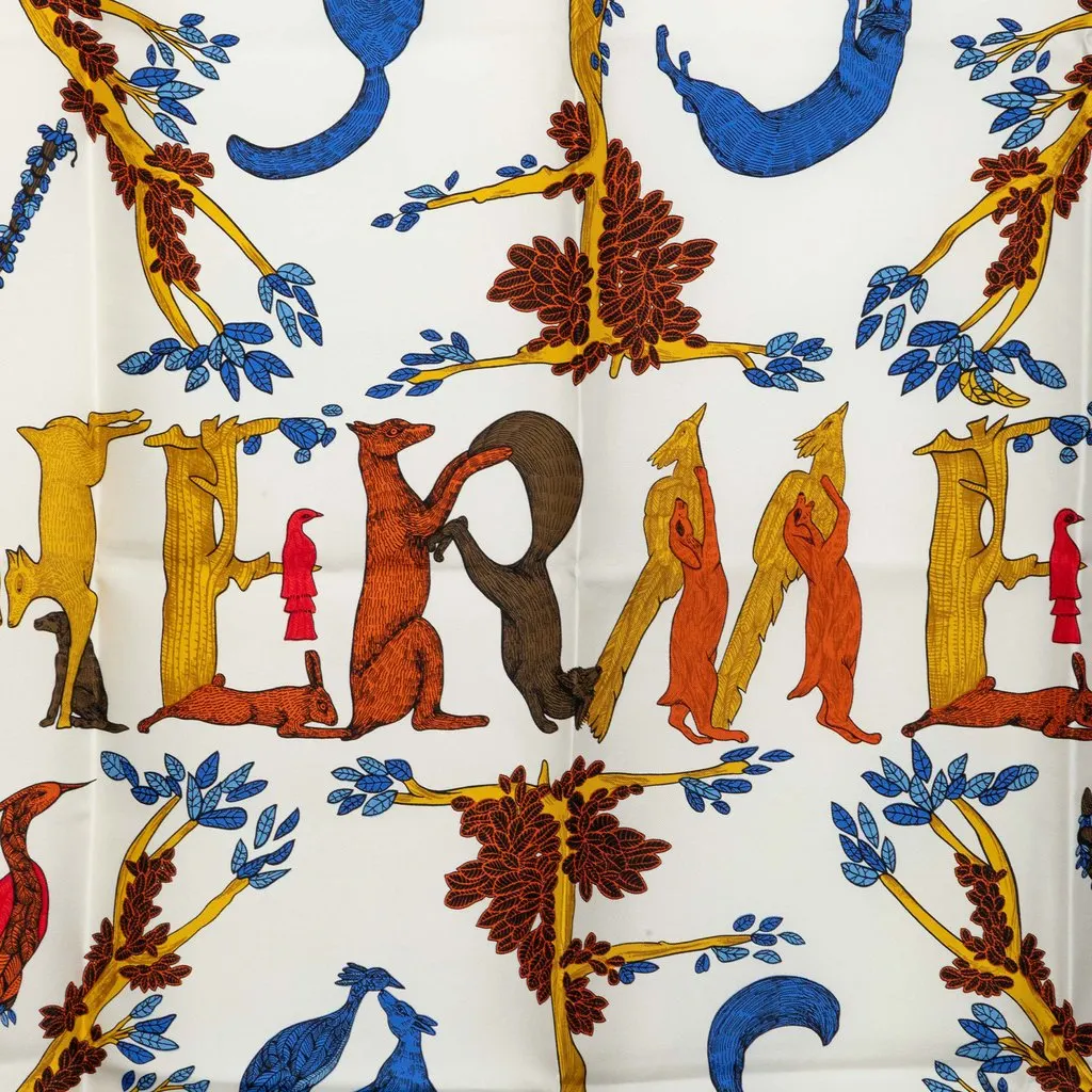 Hermès Animal Alphabet Silk Scarf 90 White Silk Good - Back View
