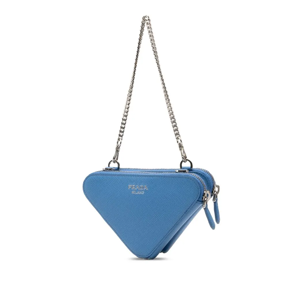 Prada Mini Saffiano Lux Double Triangle Satchel Blue Leather Very good - Back View