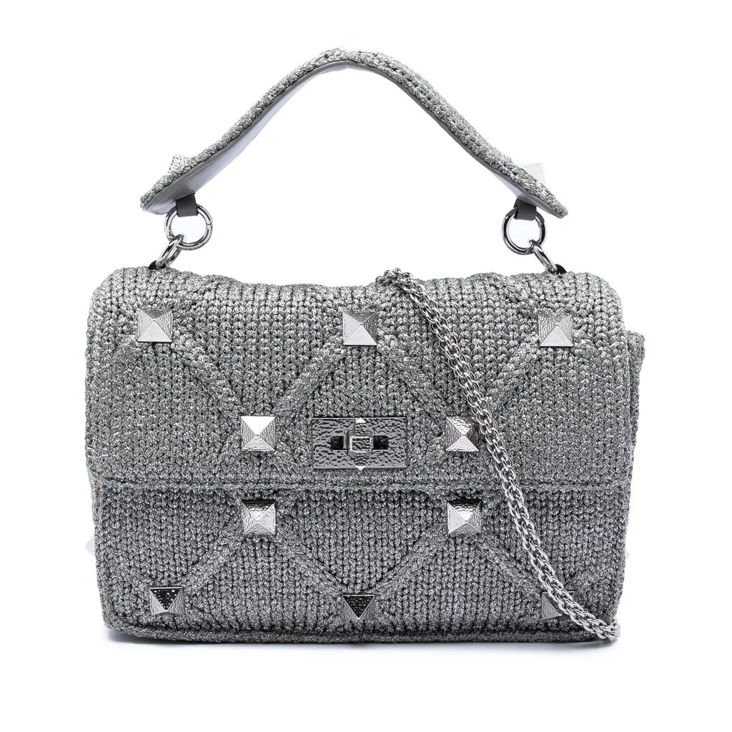 Valentino Large Metallic Knit Roman Stud Satchel Silver Very good - Front View