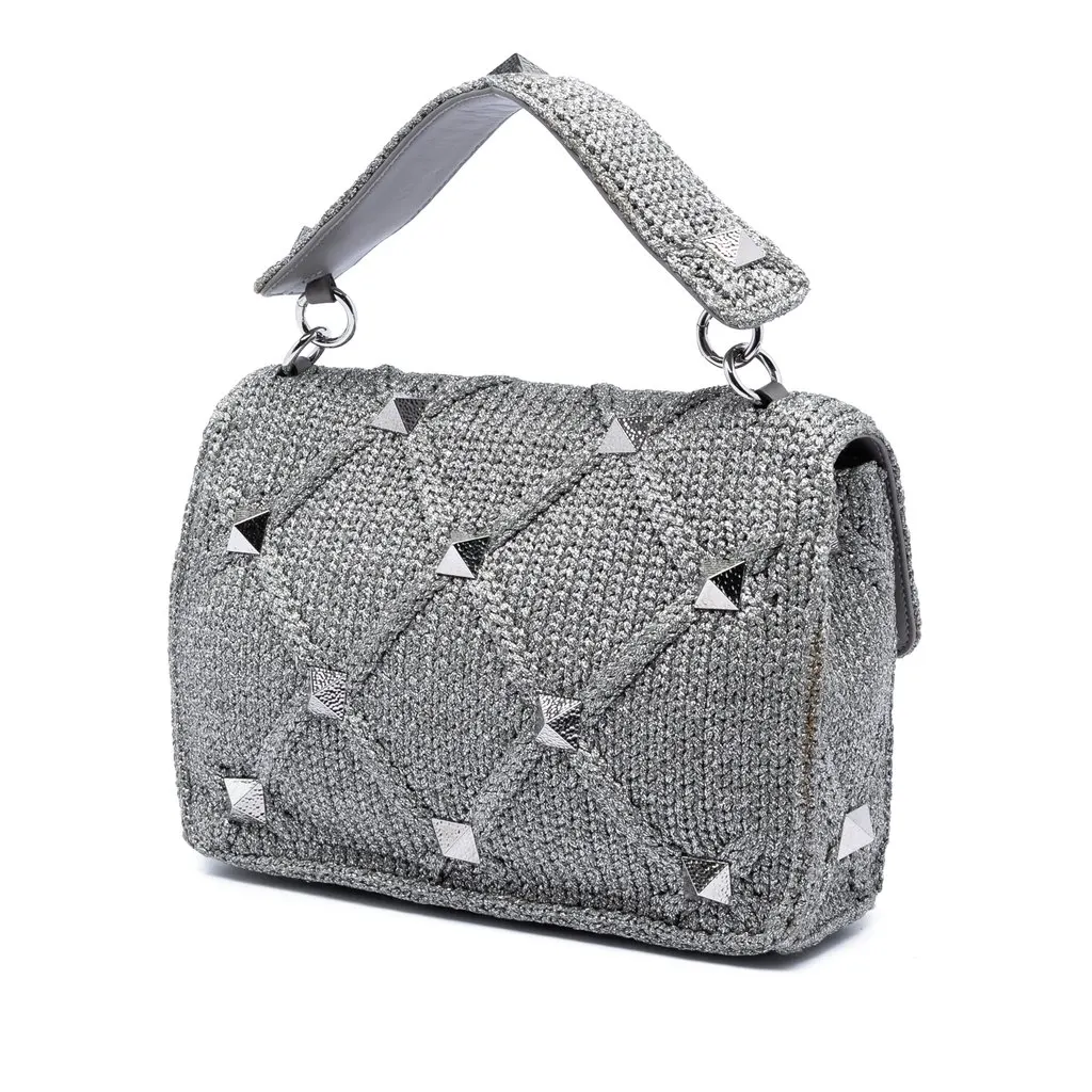 Valentino Large Metallic Knit Roman Stud Satchel Silver Very good - Back View