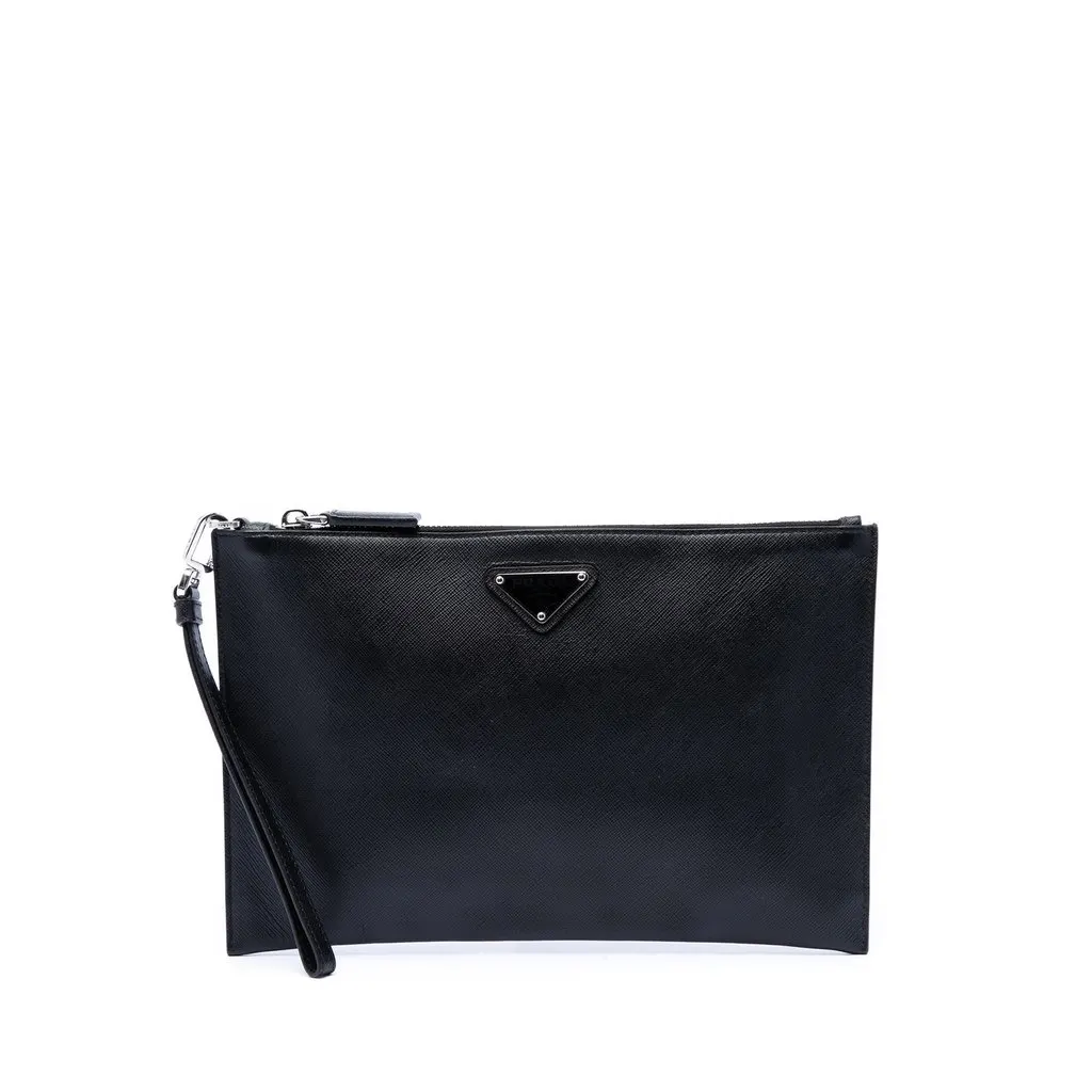 Prada Saffiano Wristlet Clutch Black Leather Very good - Front View