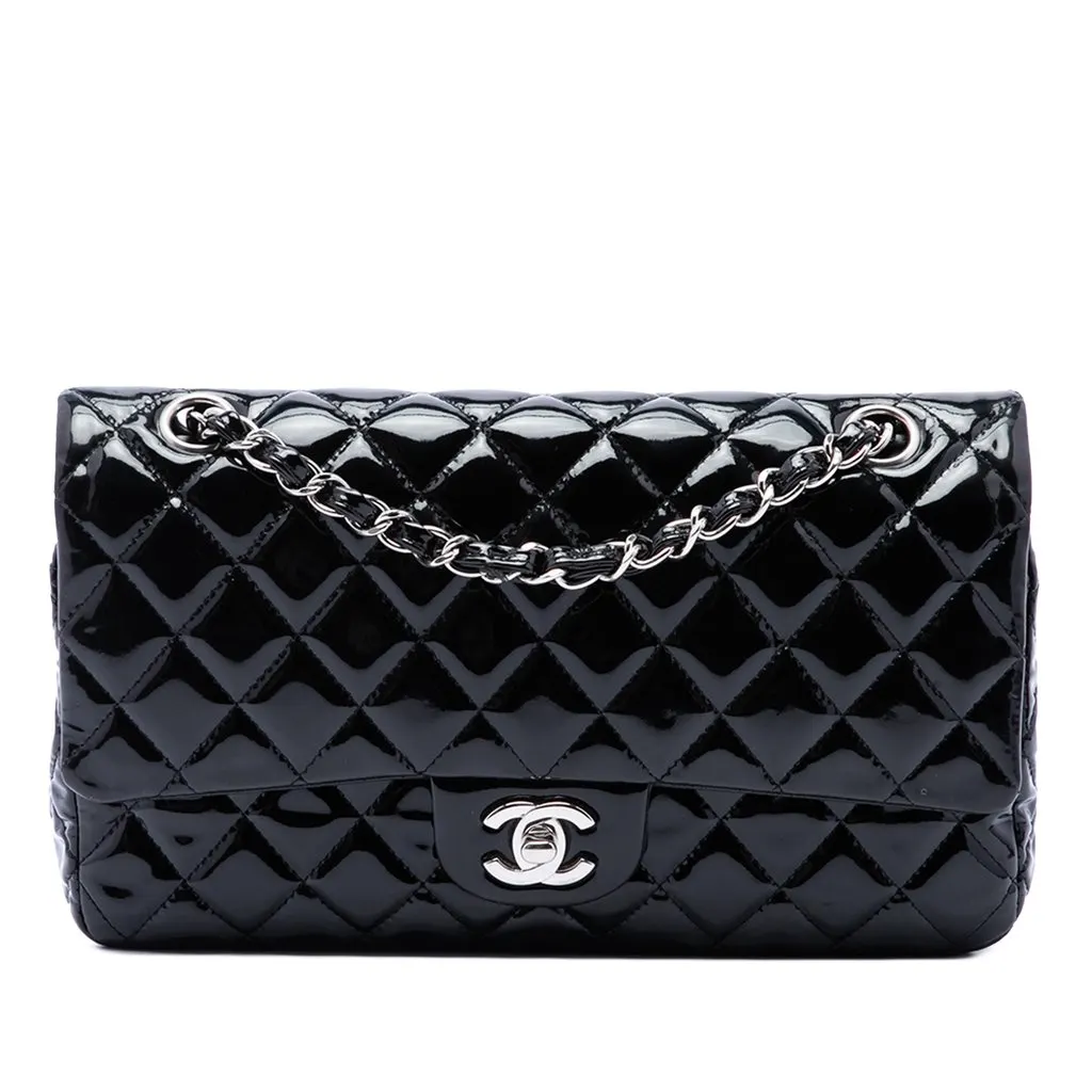 Chanel Medium Classic Patent Double Flap Black Leather Very good - Front View