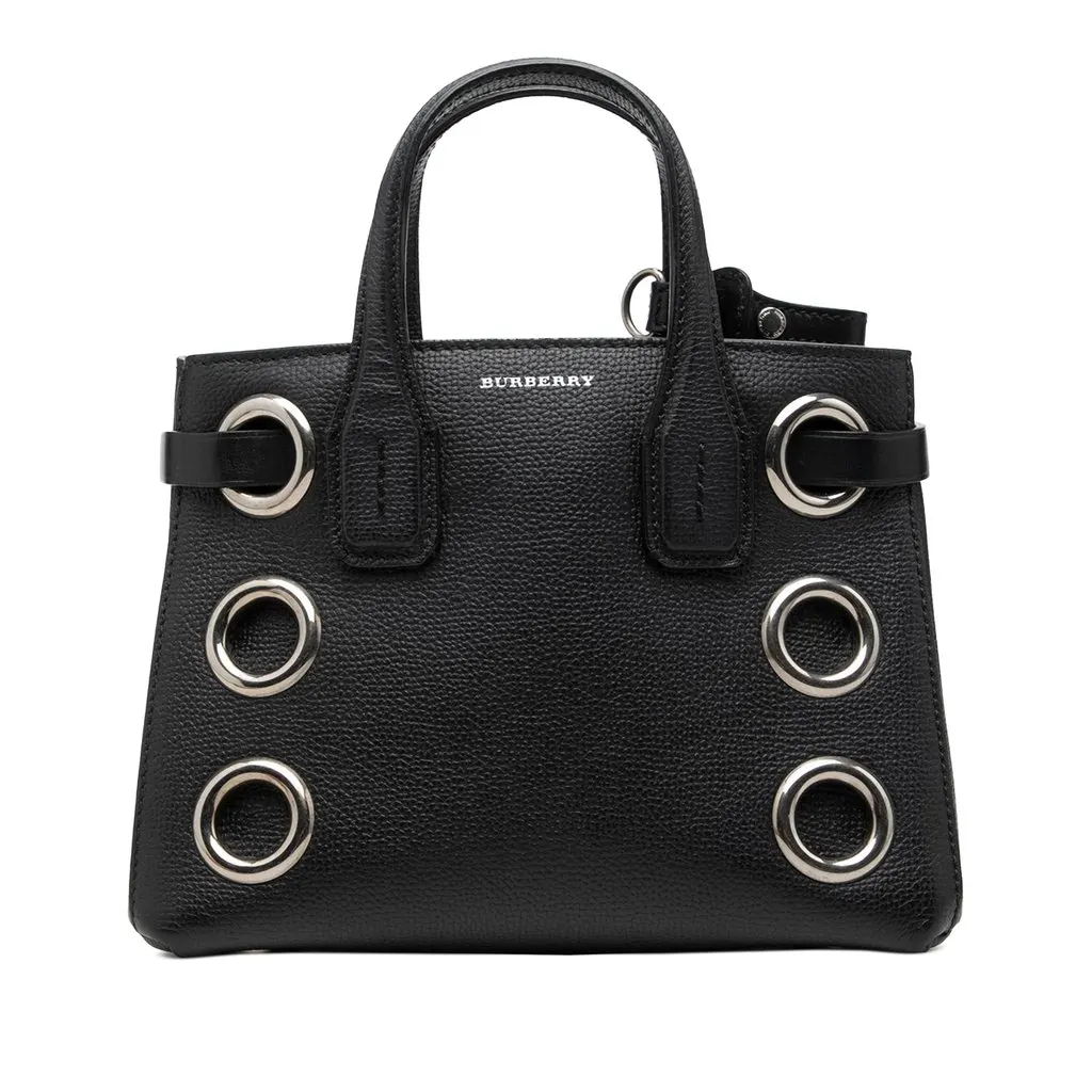 Burberry Baby Grained Calfskin Grommet Banner Satchel Black Leather Good - Front View