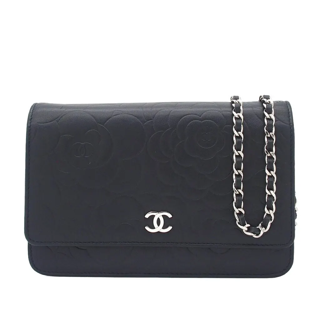 Chanel CC Embossed Lambskin Camellia Wallet On Chain Black Leather Very good - Front View