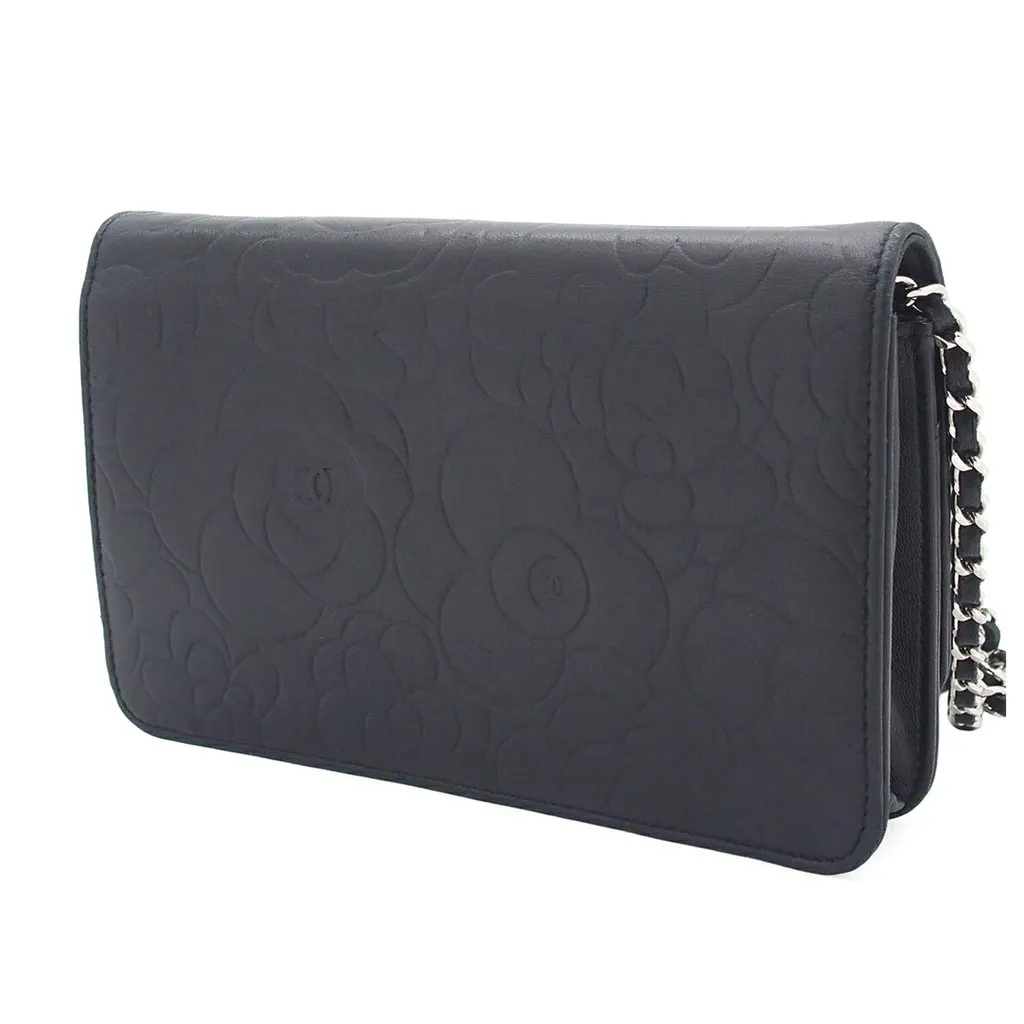 Chanel CC Embossed Lambskin Camellia Wallet On Chain Black Leather Very good - Back View