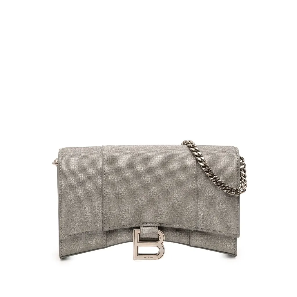 Balenciaga Glitter Fabric Hourglass Wallet On Chain Silver Polyester Very good - Front View