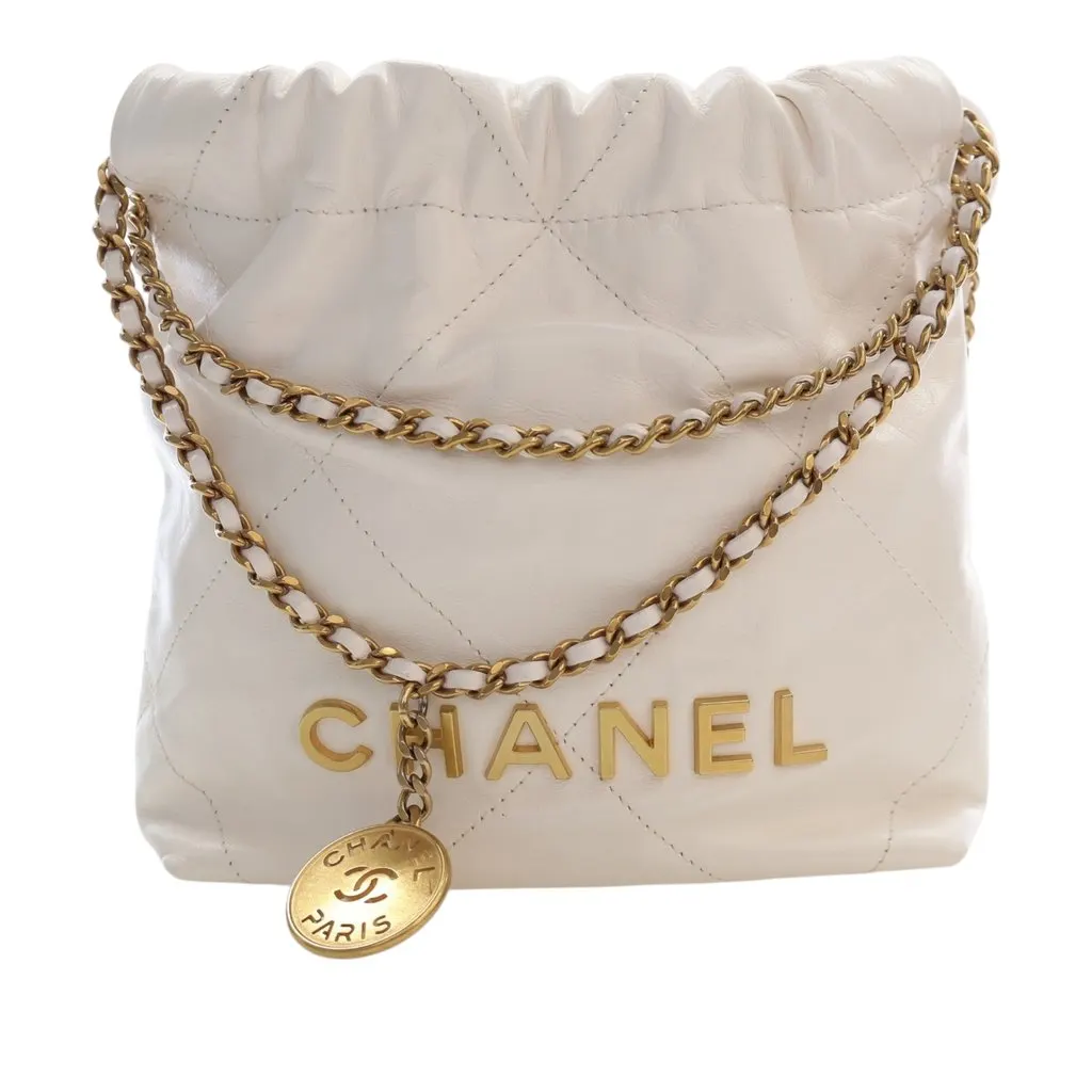 Chanel Mini Shiny Calfskin 22 Hobo White Leather Very good - Front View