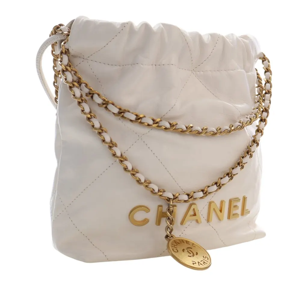 Chanel Mini Shiny Calfskin 22 Hobo White Leather Very good - Back View