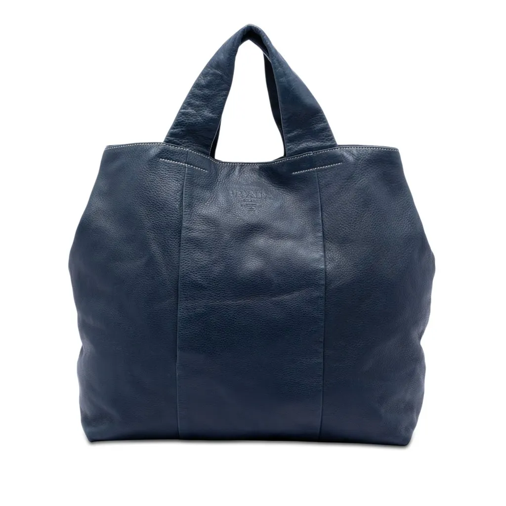 Prada Vitello Daino Shopper Tote Blue Leather Very good - Front View
