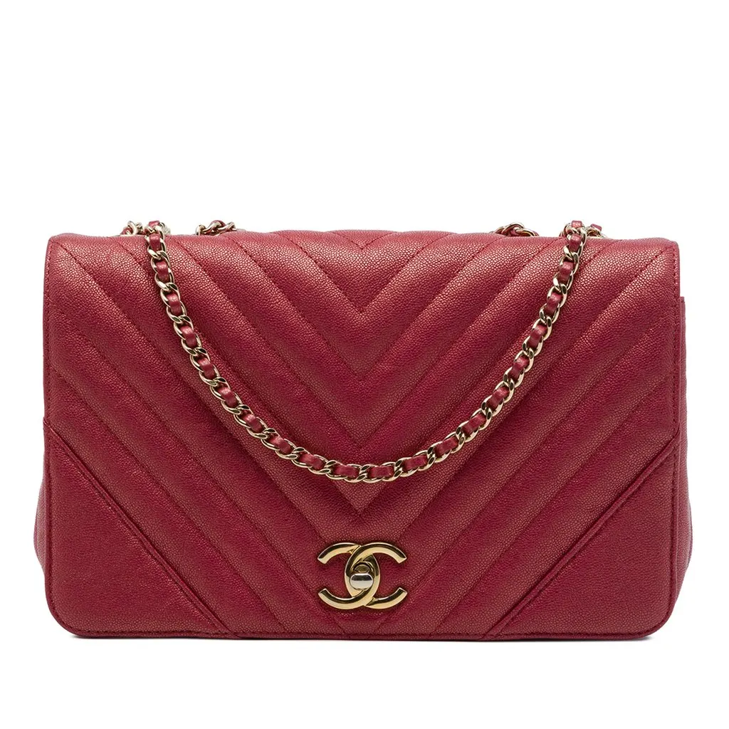 Chanel Medium Chevron Iridescent Caviar Statement Flap Red Leather Very good - Front View
