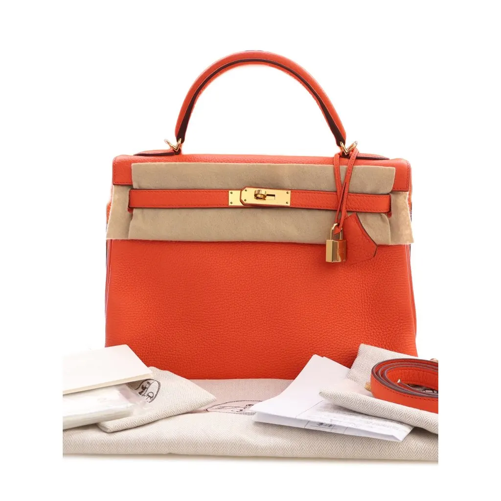 Hermès Clemence Kelly II Retourne 32 Orange Leather Never worn - Box View