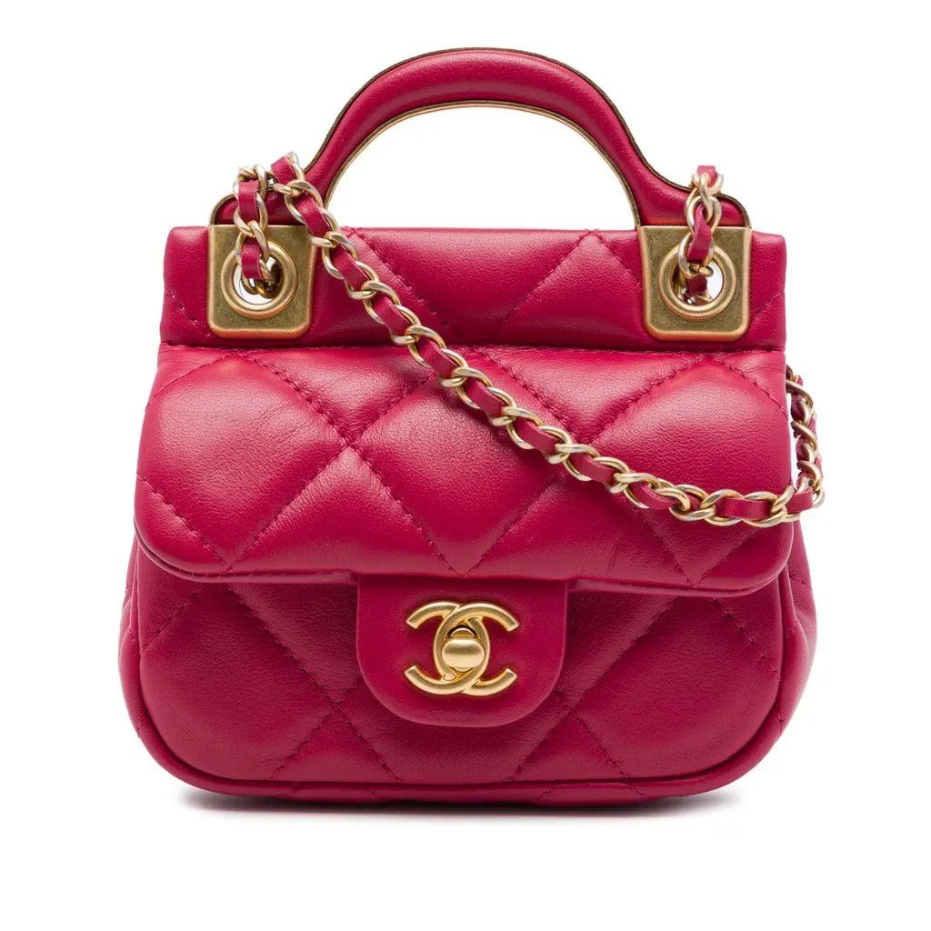 Chanel Quilted Calfskin Lady Card Holder with Chain Top Handle Bag Pink Leather Very good - Front View