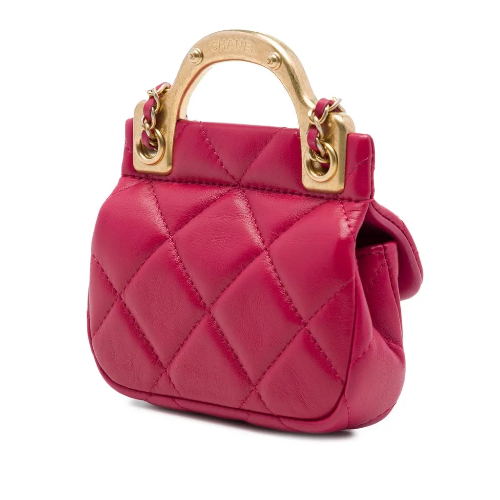 Chanel Quilted Calfskin Lady Card Holder with Chain Top Handle Bag Pink Leather Very good - Back View