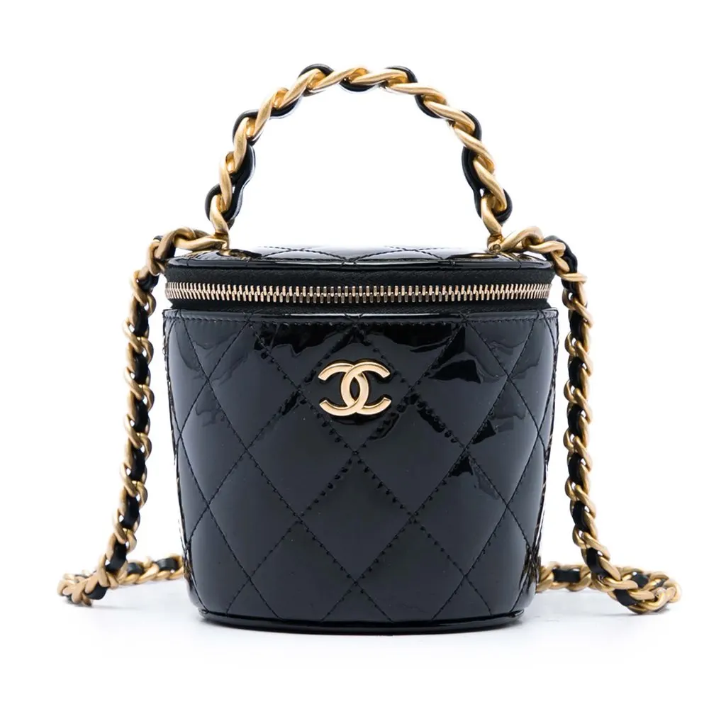 Chanel Quilted Patent Afternoon Tea Top Handle Vanity Case with Chain Black Leather Very good - Front View
