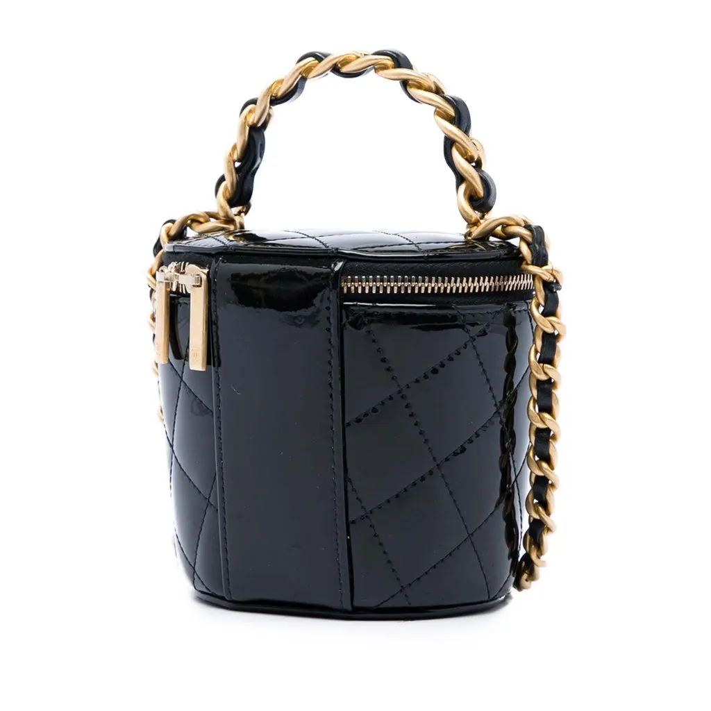 Chanel Quilted Patent Afternoon Tea Top Handle Vanity Case with Chain Black Leather Very good - Back View