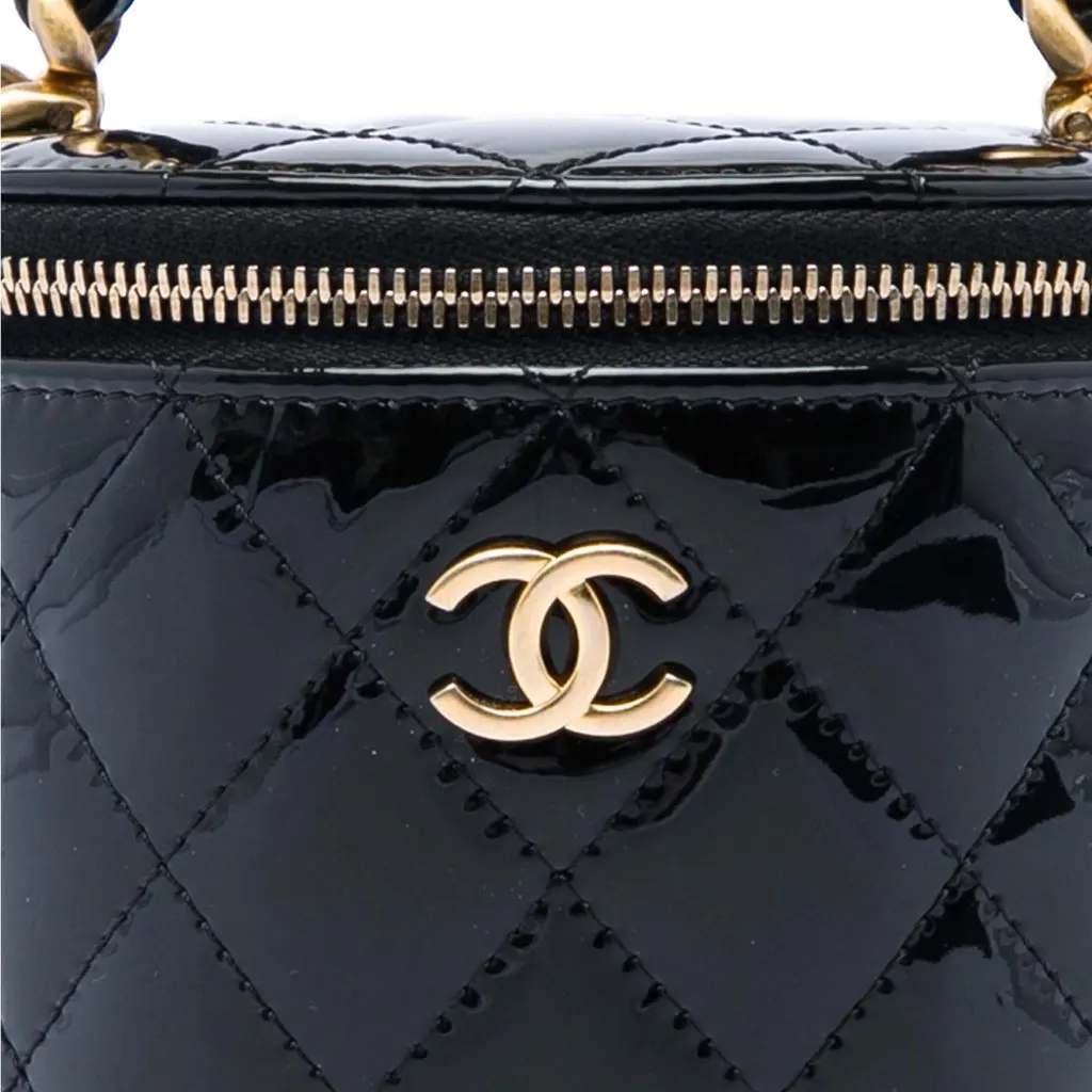Chanel Quilted Patent Afternoon Tea Top Handle Vanity Case with Chain Black Leather Very good - Box View