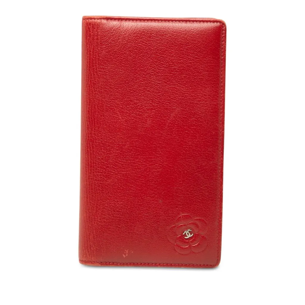 Chanel CC Camellia Embossed Leather Long Wallet Red Leather Very good - Front View