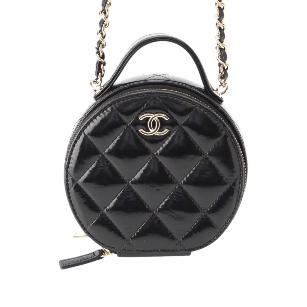 Chanel Quilted Glazed Lambskin Handle With Care Round Vanity Case with Chain Black Leather Very good - Front View