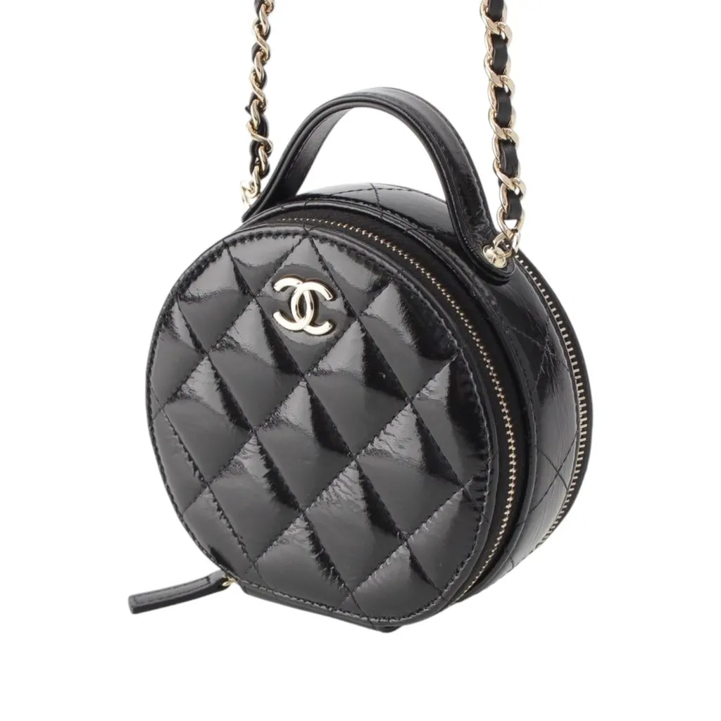 Chanel Quilted Glazed Lambskin Handle With Care Round Vanity Case with Chain Black Leather Very good - Back View