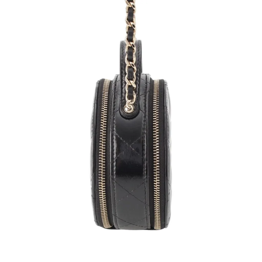 Chanel Quilted Glazed Lambskin Handle With Care Round Vanity Case with Chain Black Leather Very good - Inside View