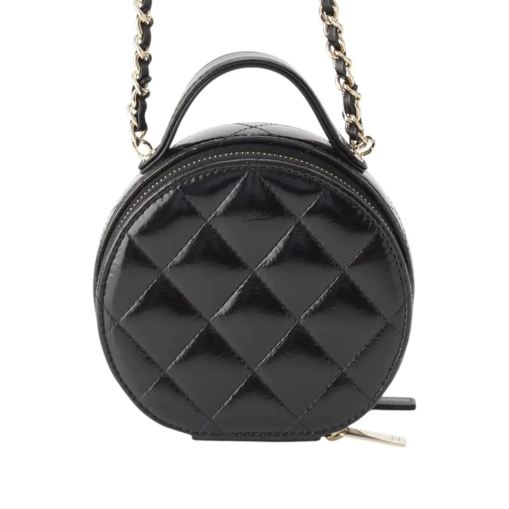 Chanel Quilted Glazed Lambskin Handle With Care Round Vanity Case with Chain Black Leather Very good - Model View