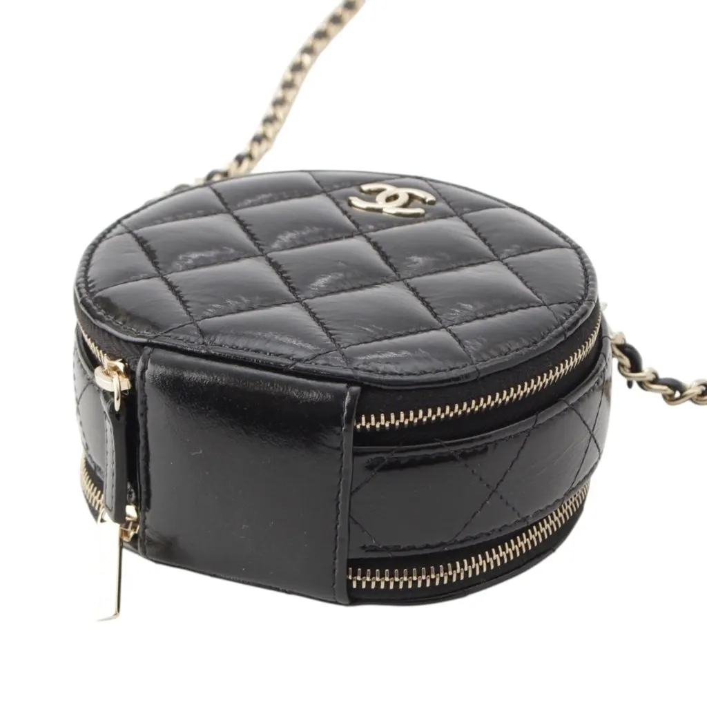 Chanel Quilted Glazed Lambskin Handle With Care Round Vanity Case with Chain Black Leather Very good - Box View