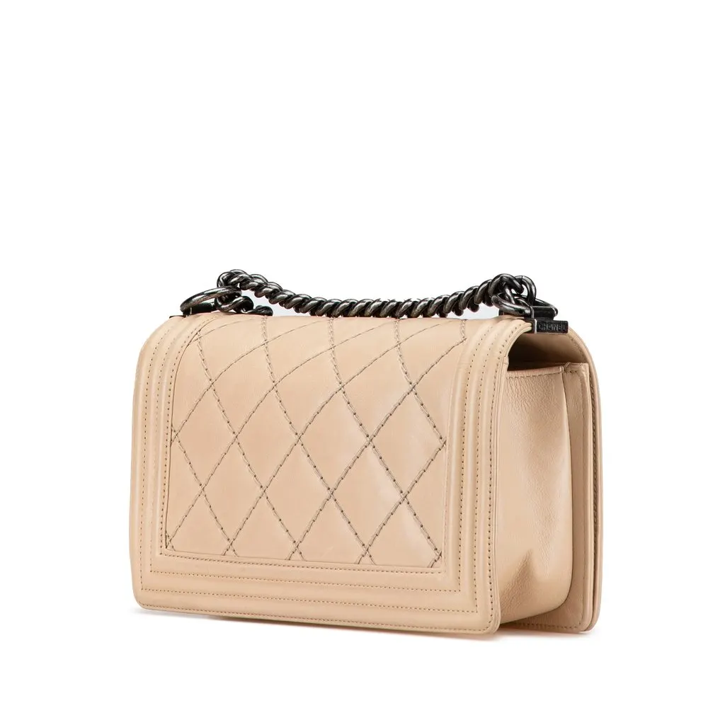 Chanel Old Medium Aged Calfskin Double Stitch Boy Flap Beige Leather Very good - Back View