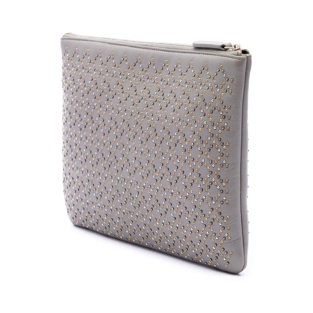 Chanel Medium Studded Lambskin O Case Clutch Grey Leather Very good - Back View