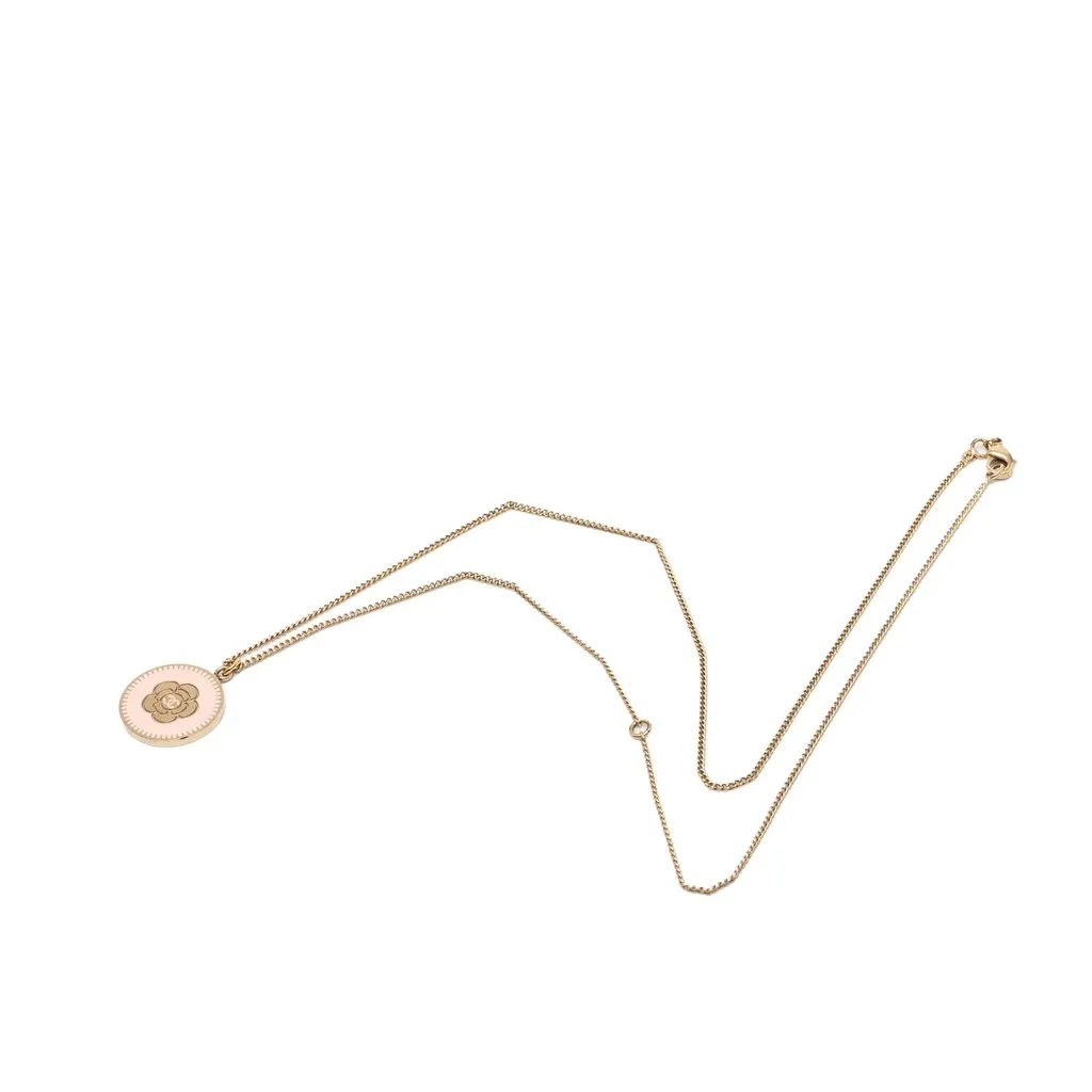 Chanel CC Gold Plated Enamel Camellia Round Pendant Necklace Gold Metal Very good - Model View