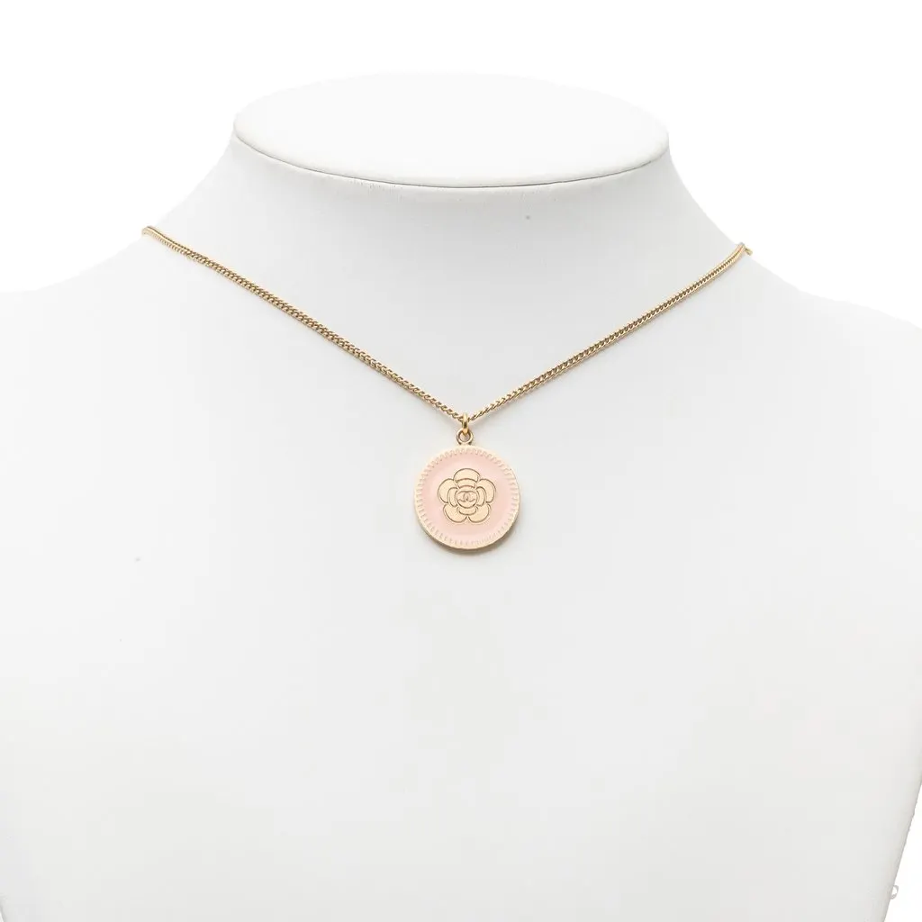 Chanel CC Gold Plated Enamel Camellia Round Pendant Necklace Gold Metal Very good - Box View