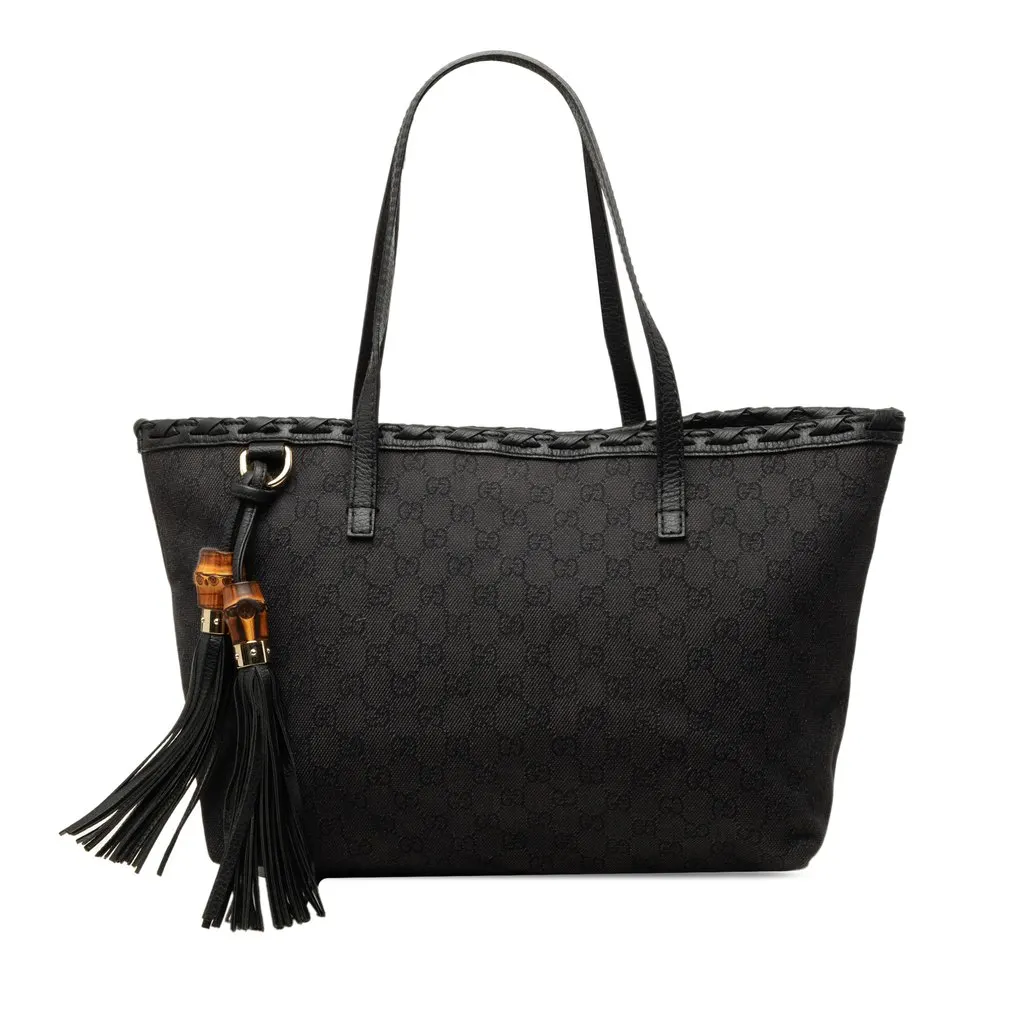 Gucci GG Denim Bamboo Tassel Tote Black Denim Very good - Front View