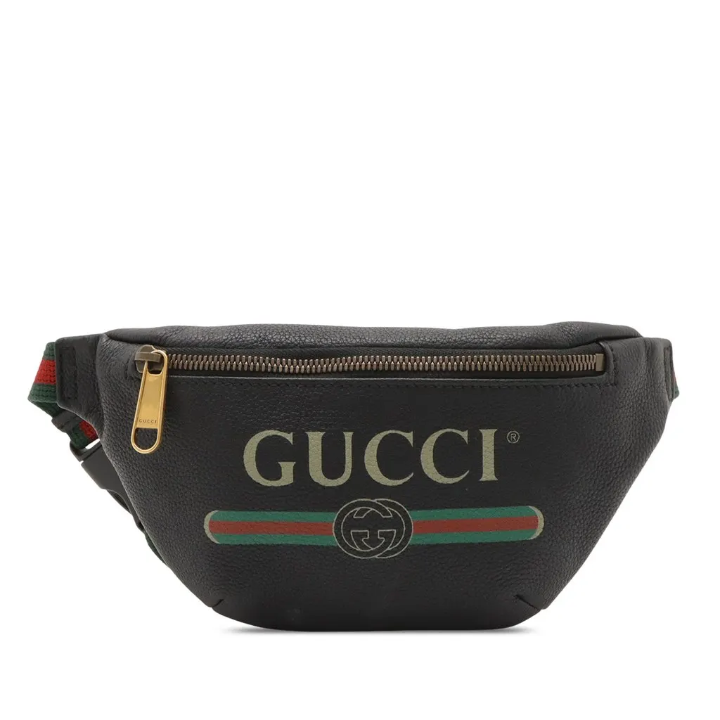Gucci Small Grained Calfskin Web Logo Belt Bag Black Leather Very good - Front View