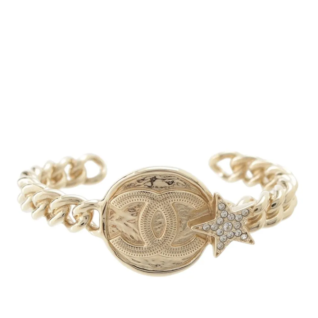 Chanel CC Brass Strass Star and Coin Chain Cuff Bracelet Gold Metal Very good - Front View