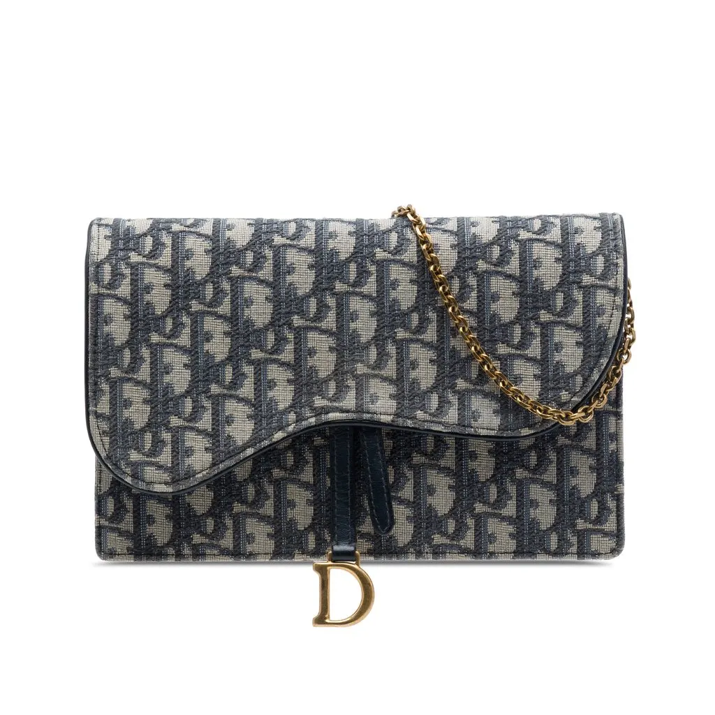Dior Oblique Canvas Saddle Pouch Wallet on Chain Blue Very good - Front View