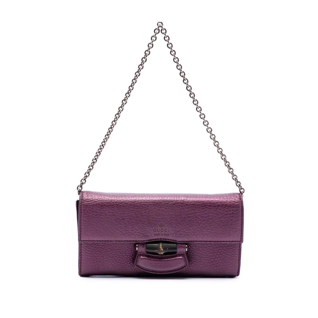 Gucci Metallic Calfskin Bamboo Wallet on Chain Purple Leather Good - Front View