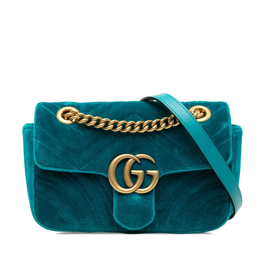 Gucci Small GG Marmont Matelasse Velvet Shoulder Bag Blue Very good - Front View