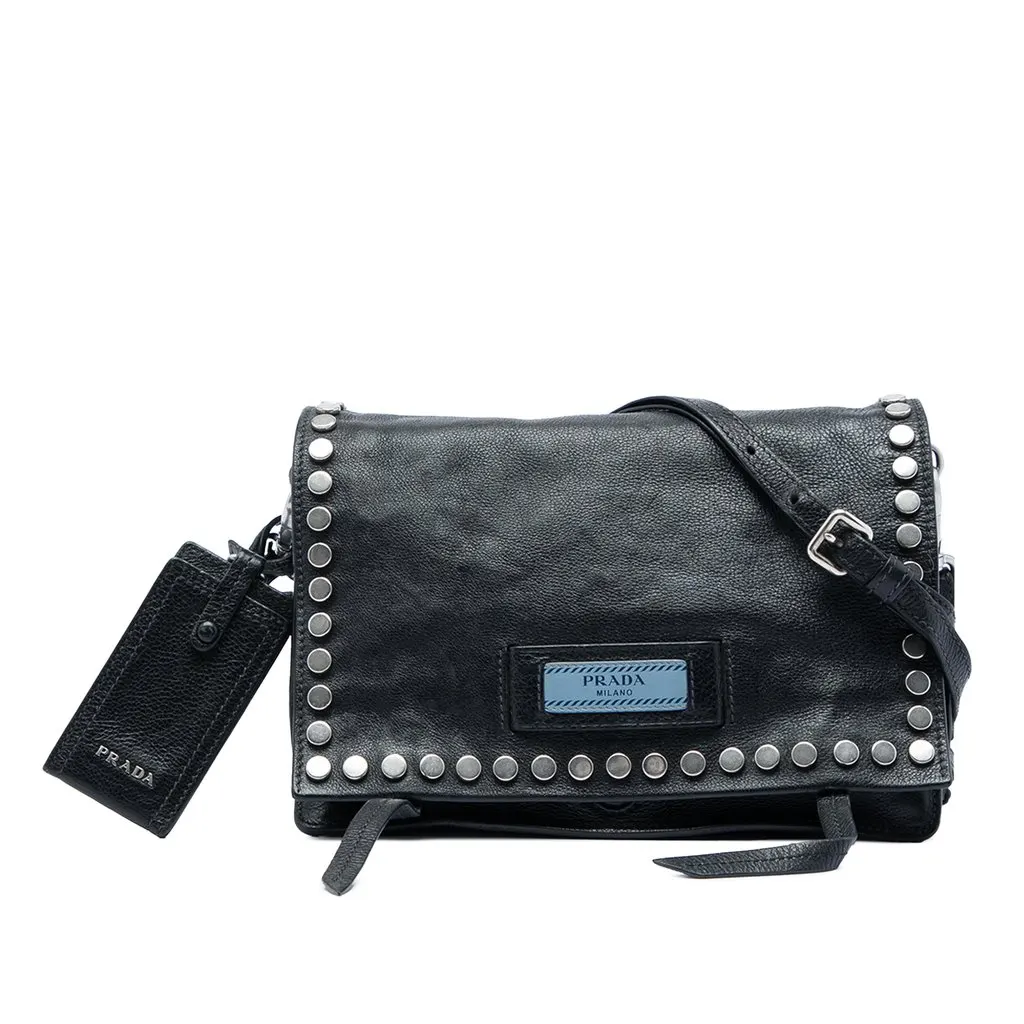 Prada Glace Calf Studded Etiquette Flap Black Leather Good - Front View