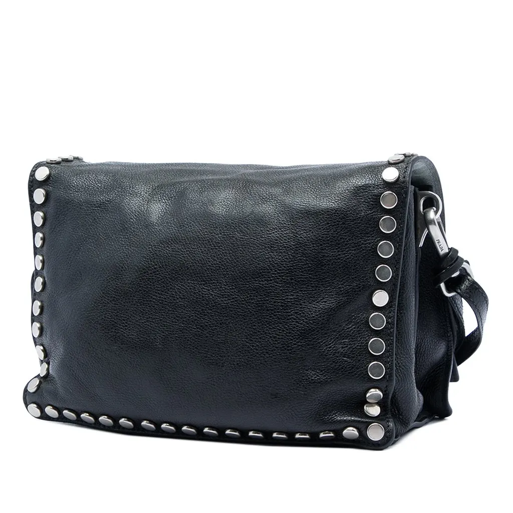 Prada Glace Calf Studded Etiquette Flap Black Leather Good - Back View