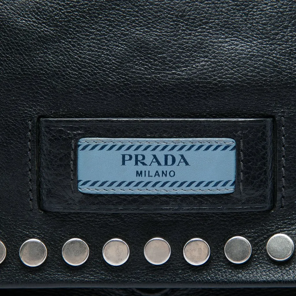Prada Glace Calf Studded Etiquette Flap Black Leather Good - Box View